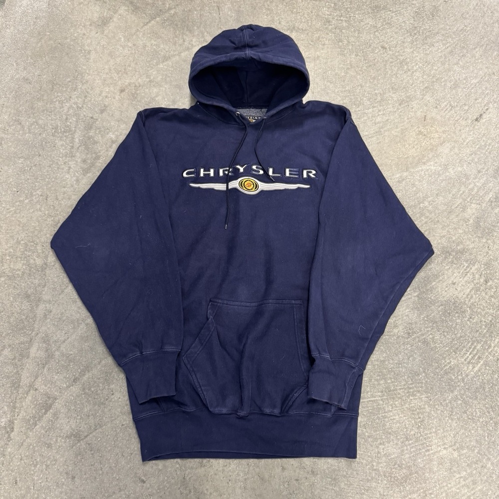 Vintage Chrysler Hoodie Heavyweight Mens Navy Blue Pullover Sweatshirt Y2K Large